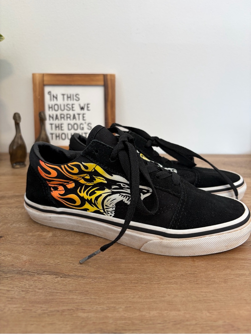 Vans Old Skool Kids Black Flame Wolf Skate Sneakers Shoes Size 10